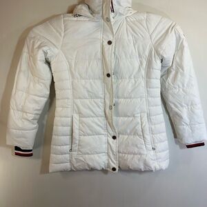 Tommy Hilfiger Women’s Puffer Jacket White Hooded Quilted Full Zip Pockets Sz Xs